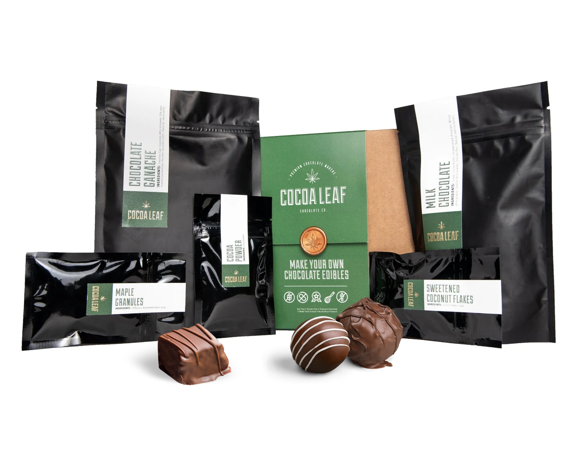 contents of edibles kit: packaging is black with green accents