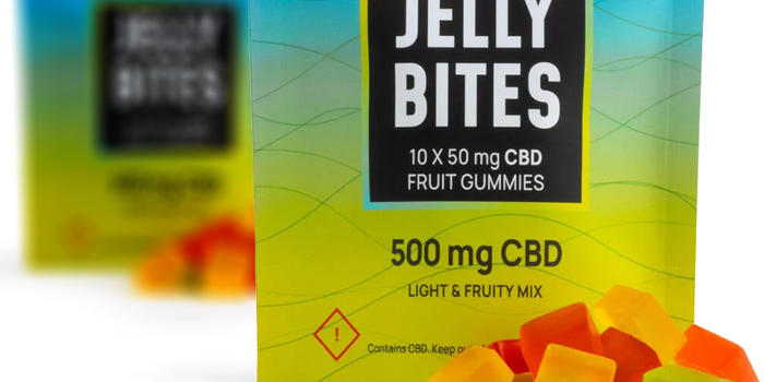 Packaged cannabis-infused Jelly Bites with clear labeling of CBD content, emphasizing safety and transparency